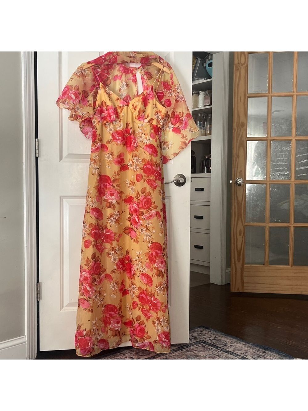 Vintage Floral Maxi Dress - chiffon yellow fuscia rose with cape